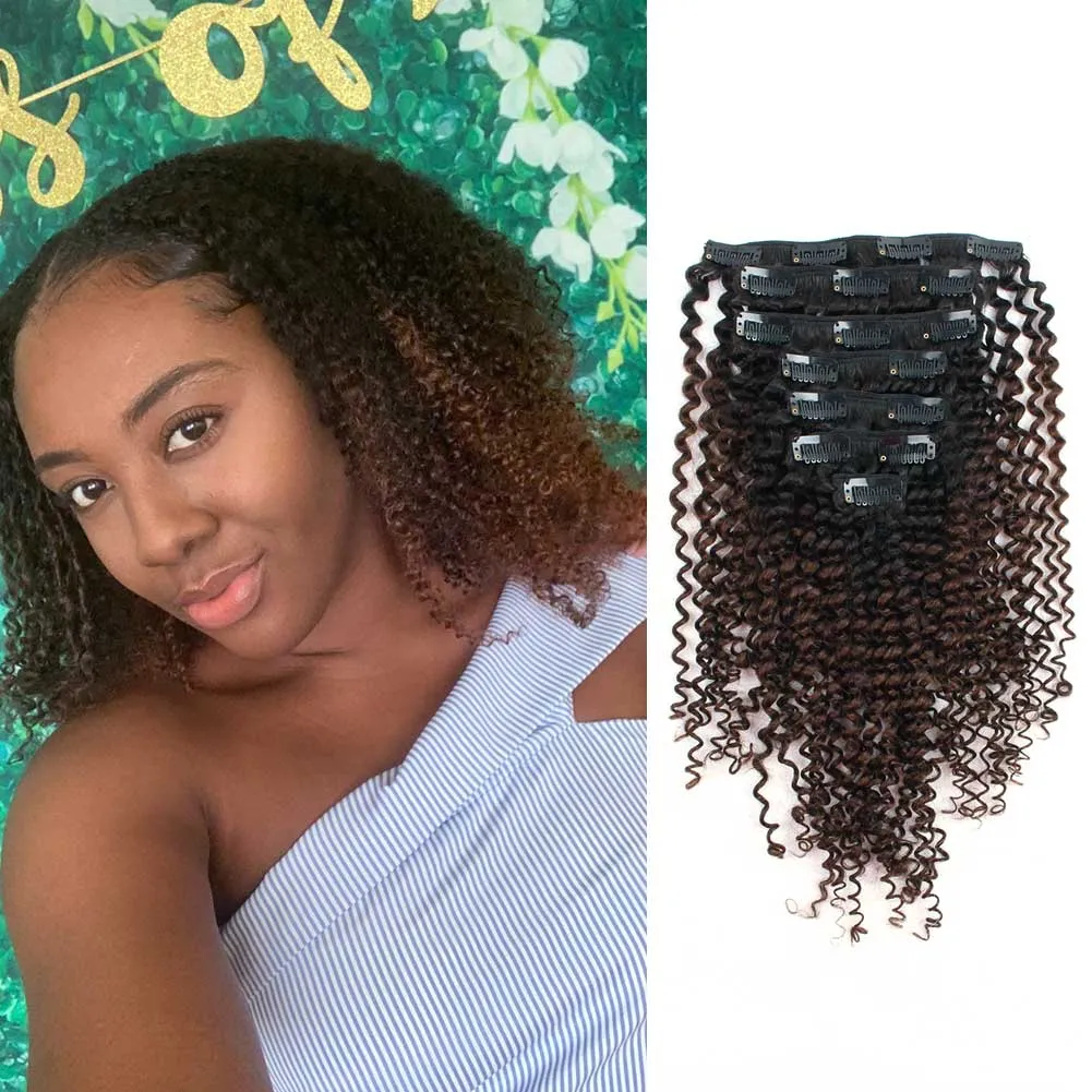 Clip in Hair Extension Kinky Curl Ombre Black to Chocolate Brown--Only For Order Over $269