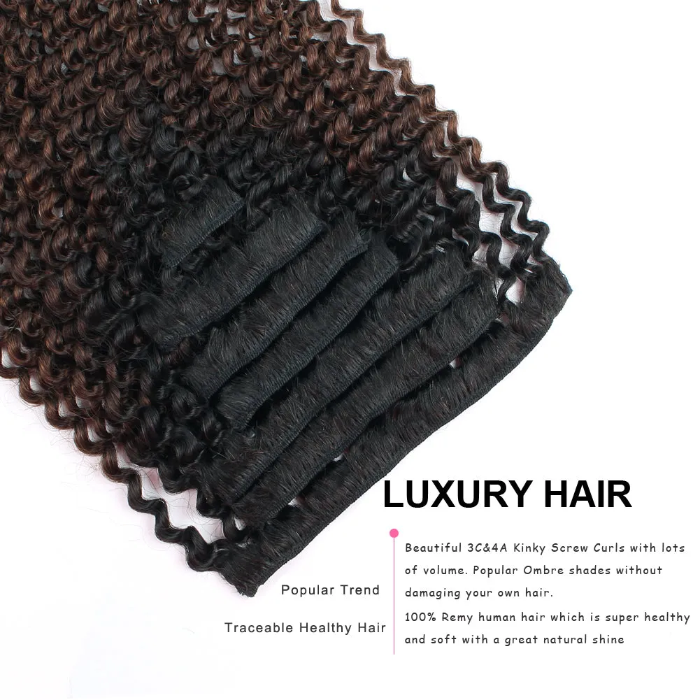 Clip in Hair Extension Kinky Curl Ombre Black to Chocolate Brown--Only For Order Over $269