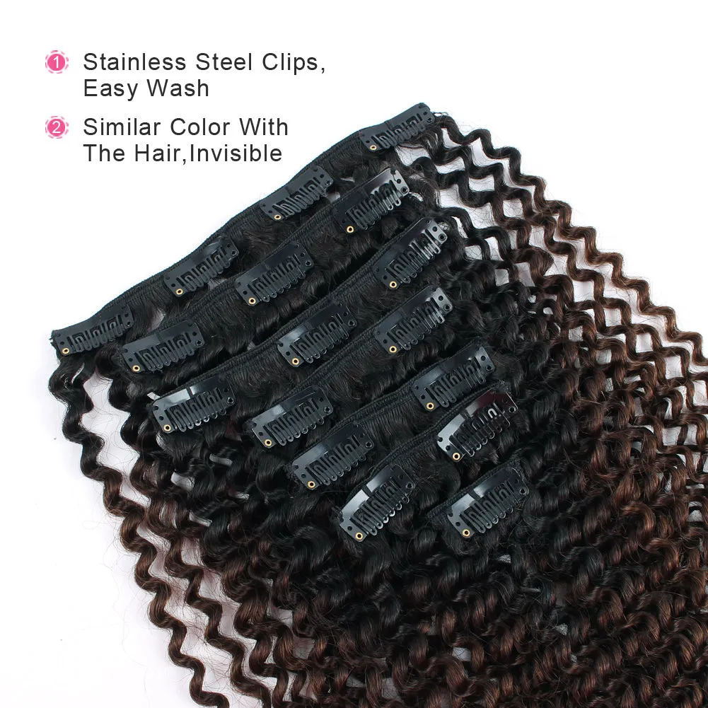 Clip in Hair Extension Kinky Curl Ombre Black to Chocolate Brown--Only For Order Over $269