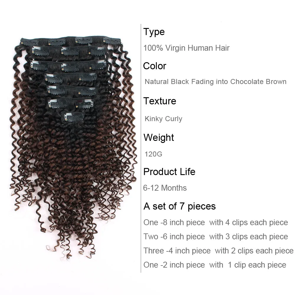Clip in Hair Extension Kinky Curl Ombre Black to Chocolate Brown--Only For Order Over $269