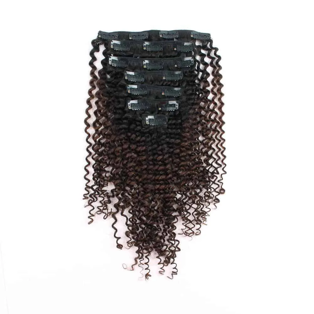 Clip in Hair Extension Kinky Curl Ombre Black to Chocolate Brown--Only For Order Over $269