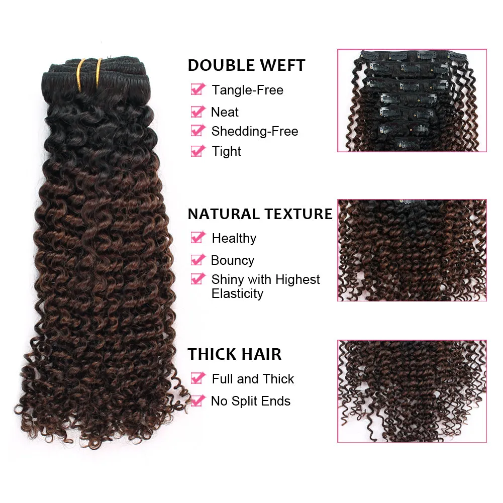 Clip in Hair Extension Kinky Curl Ombre Black to Chocolate Brown--Only For Order Over $269
