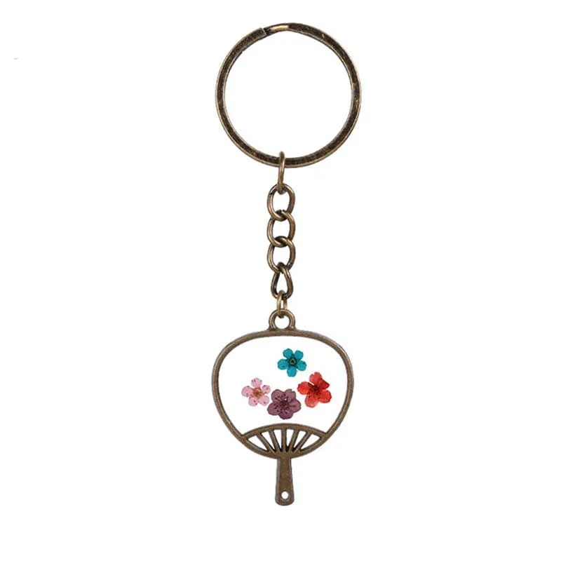 Colored Peach Blossom & 18K Gold-Plated Fan Keychain