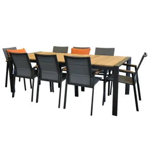 Copenhagen 2200x1000 9pce Outdoor Set - Charcoal Powdercoated Aluminium   Teak