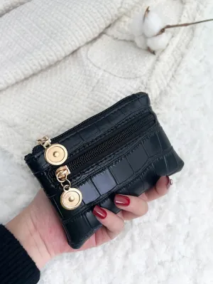 Croc Embossed Round Decor Coin Purse - Black