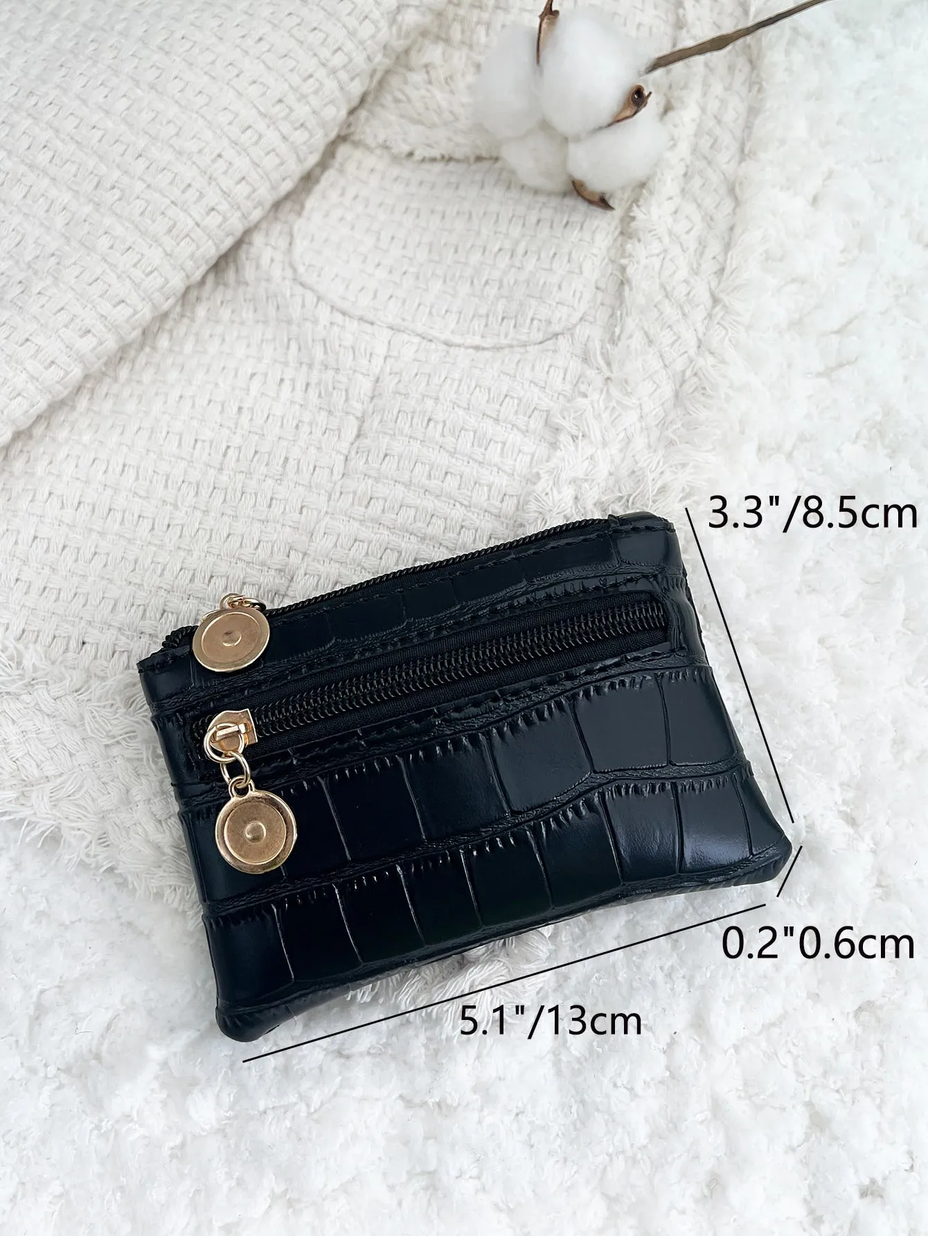 Croc Embossed Round Decor Coin Purse - Black