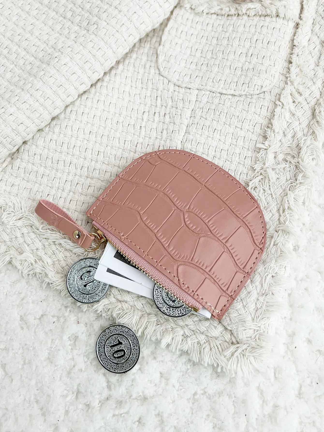 Crocodile Embossed Coin Purse  - Baby Pink - FD ⚡