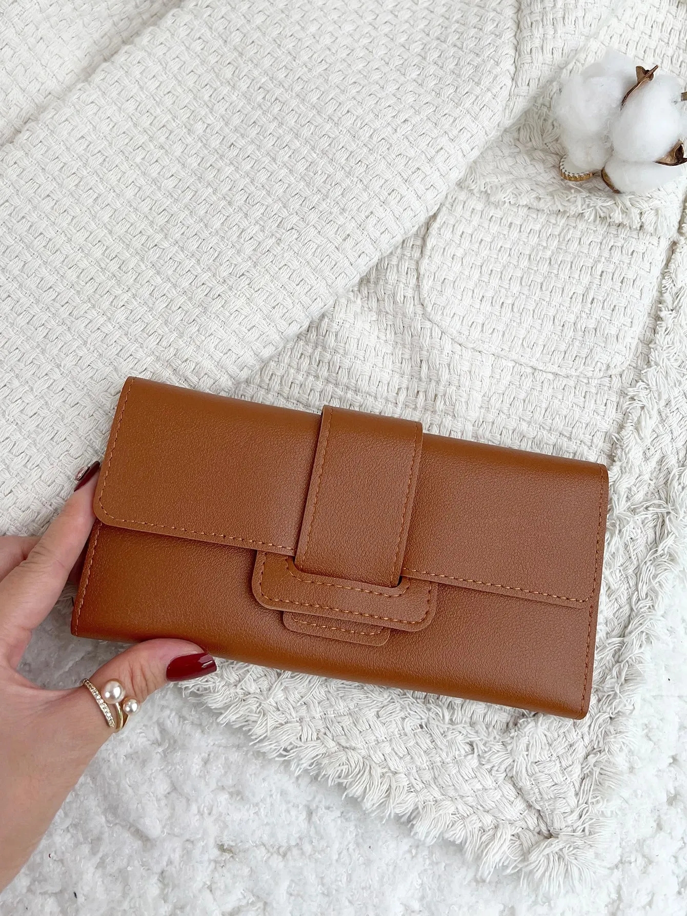 Crocodile Embossed Fold Over Long Wallet for Women - Brown