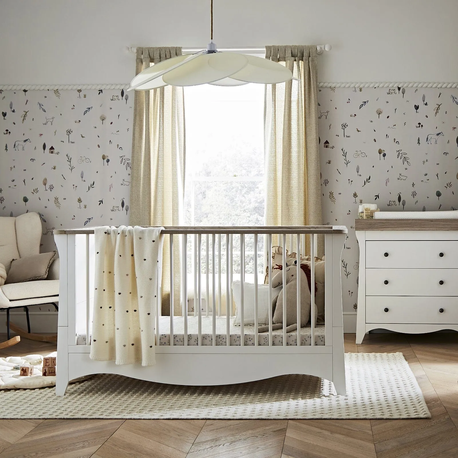 Cuddleco Clara 2 Piece Set 3 Drawer Dresser and Cot Bed - White Ash