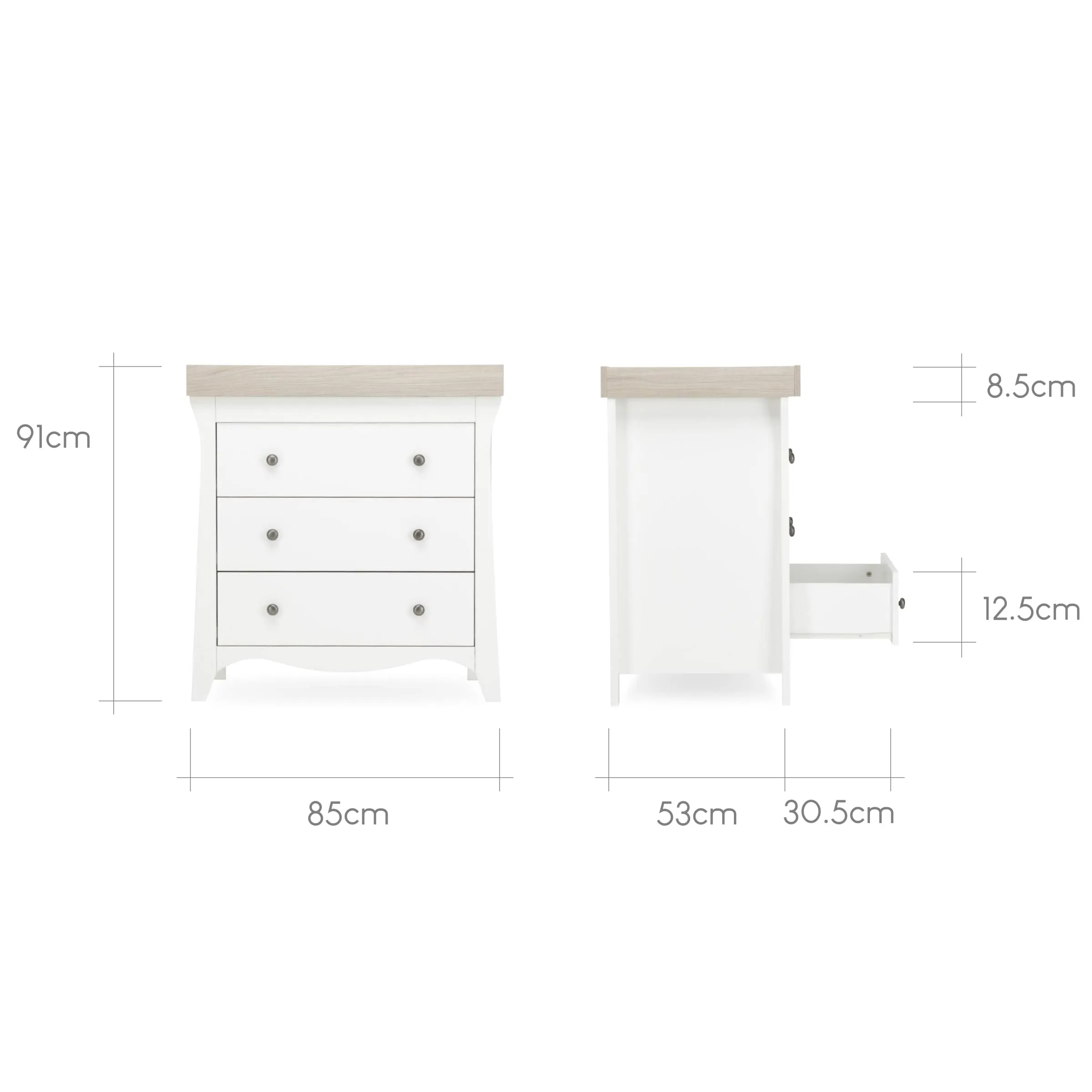 Cuddleco Clara 2 Piece Set 3 Drawer Dresser and Cot Bed - White Ash