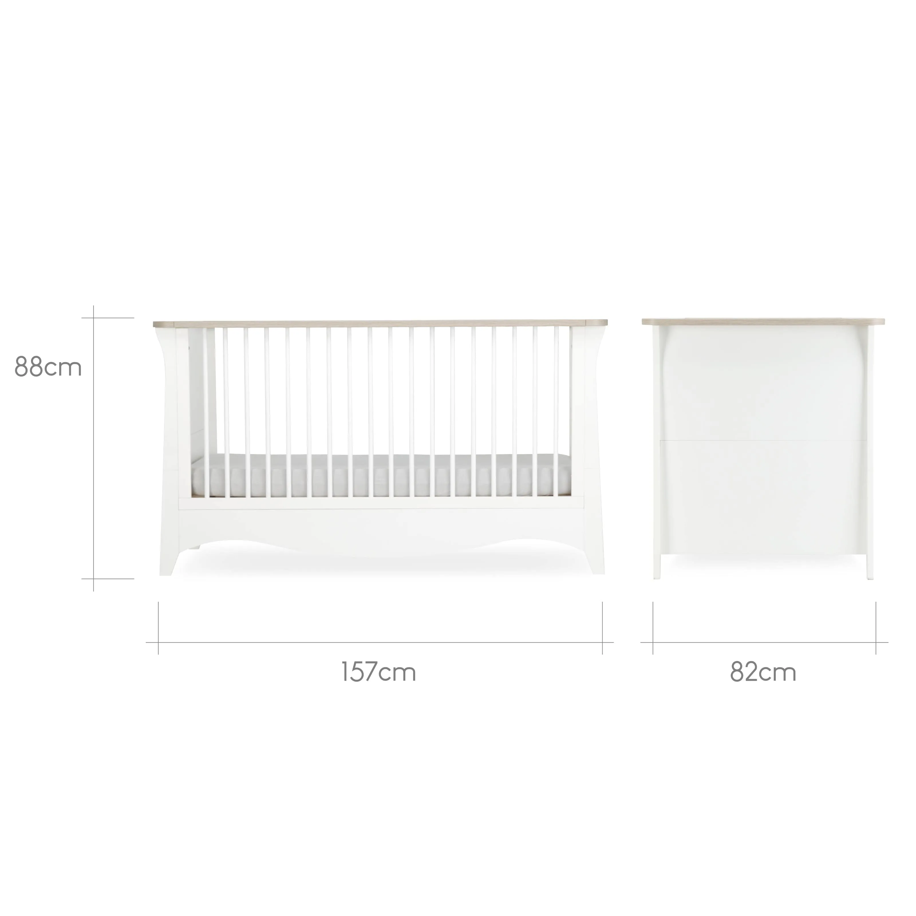 Cuddleco Clara 2 Piece Set 3 Drawer Dresser and Cot Bed - White Ash