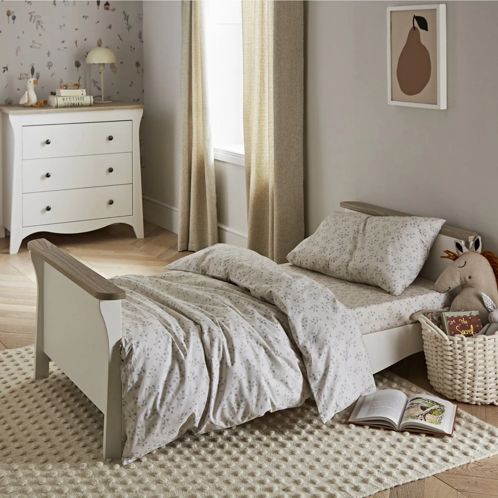 Cuddleco Clara 2 Piece Set 3 Drawer Dresser and Cot Bed - White Ash