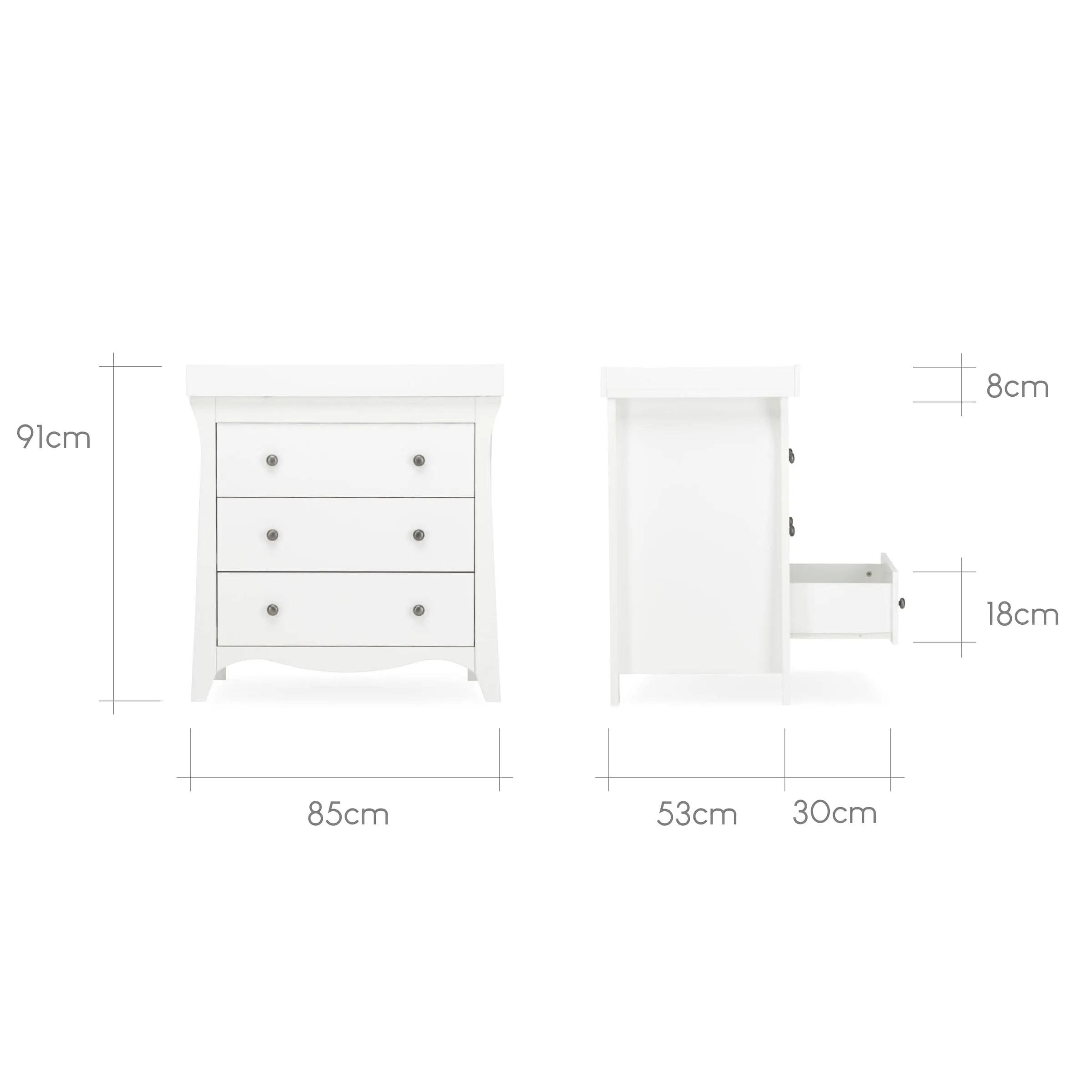 Cuddleco Clara 2 Piece Set 3 Drawer Dresser and Cot Bed - White