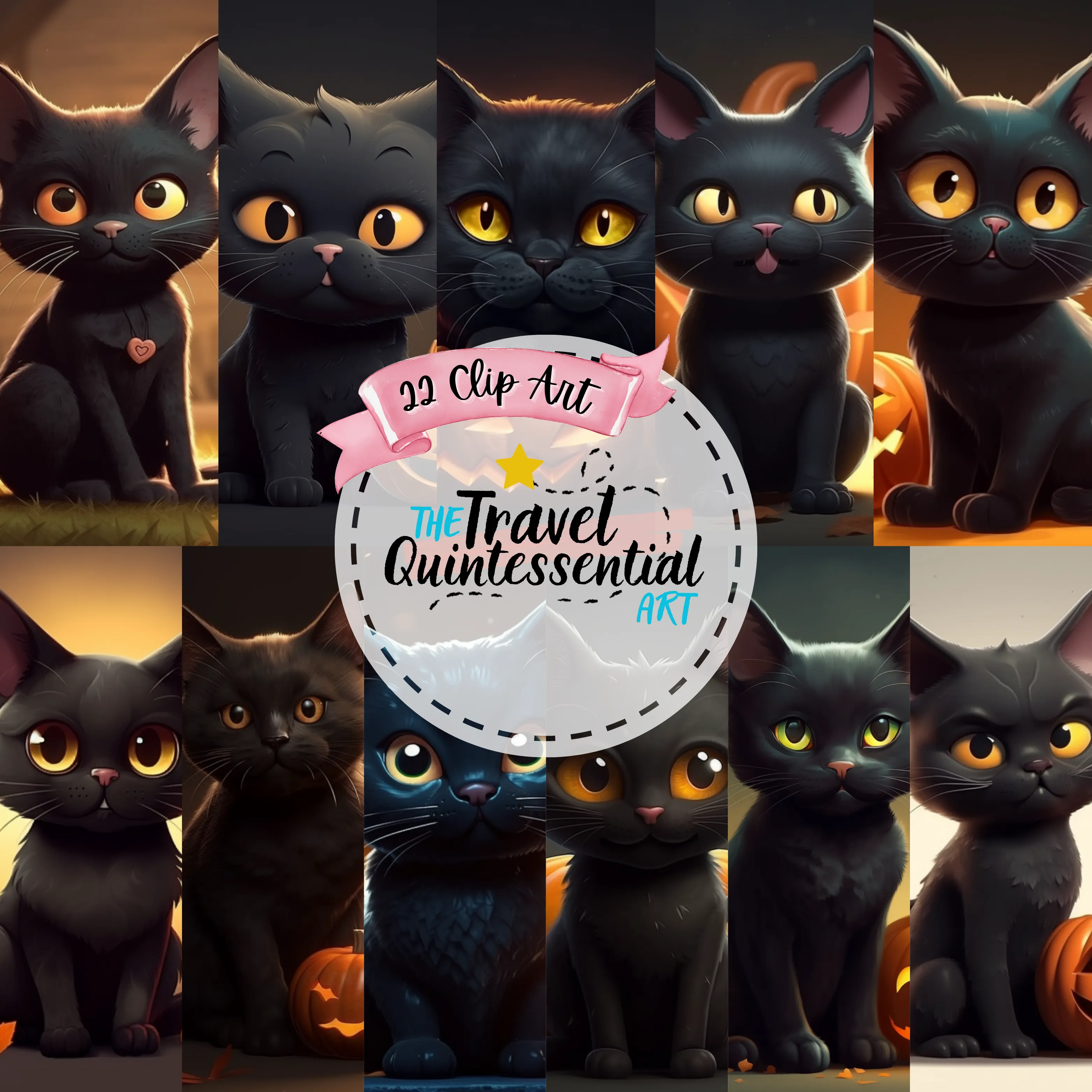 Cute Halloween Black Cat Characters - Digital Art SETCAT001