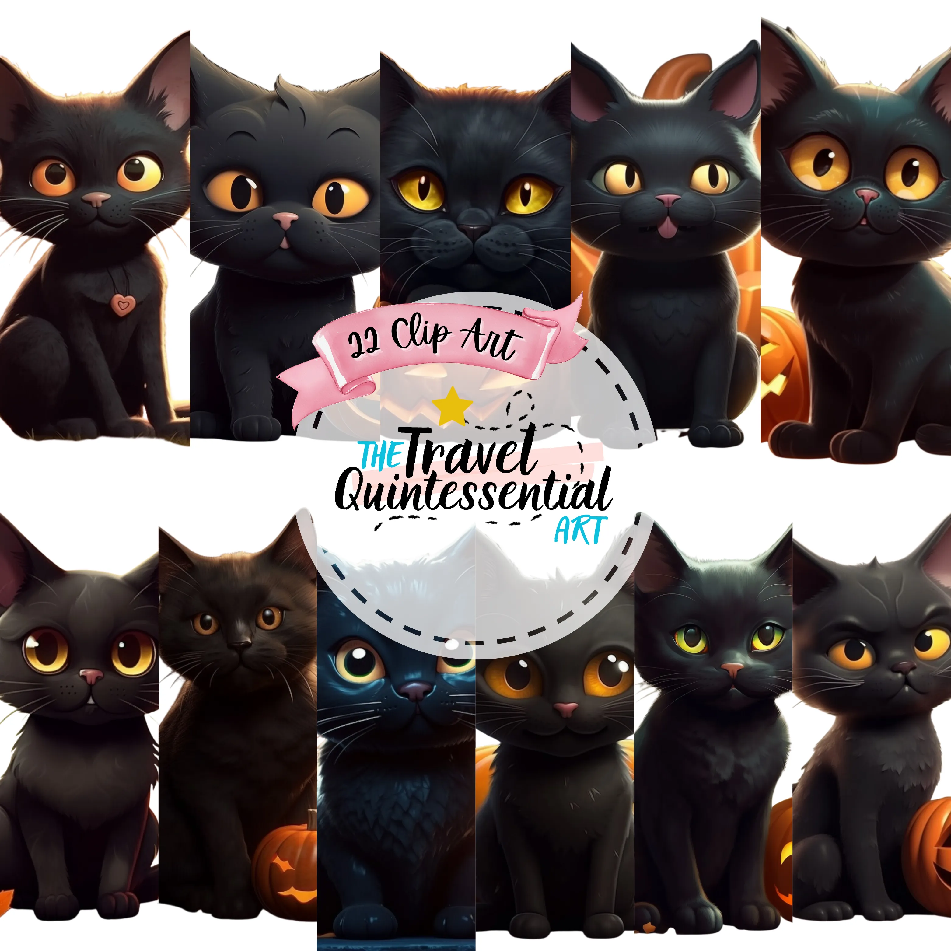 Cute Halloween Black Cat Characters - Digital Art SETCAT001