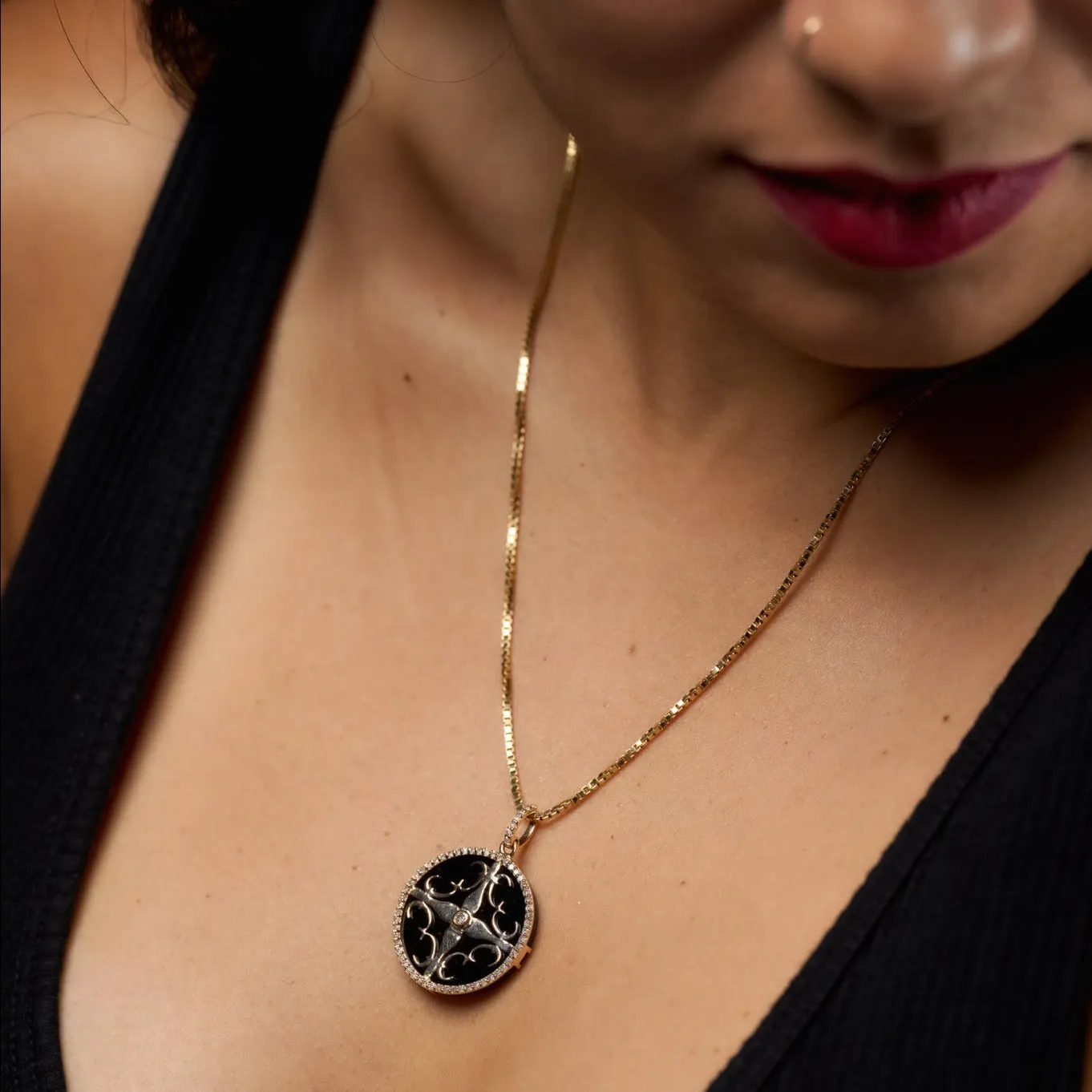 Diamond Onyx Cali Amulet - 14K Gold
