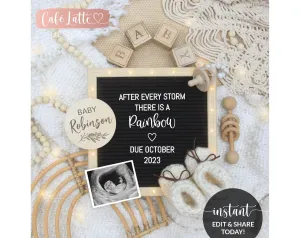 Digital Rainbow Baby Pregnancy Announcement For Social Media, Boho Rainbow Gender Neutral Letter Board Editable Baby Reveal Template DIY