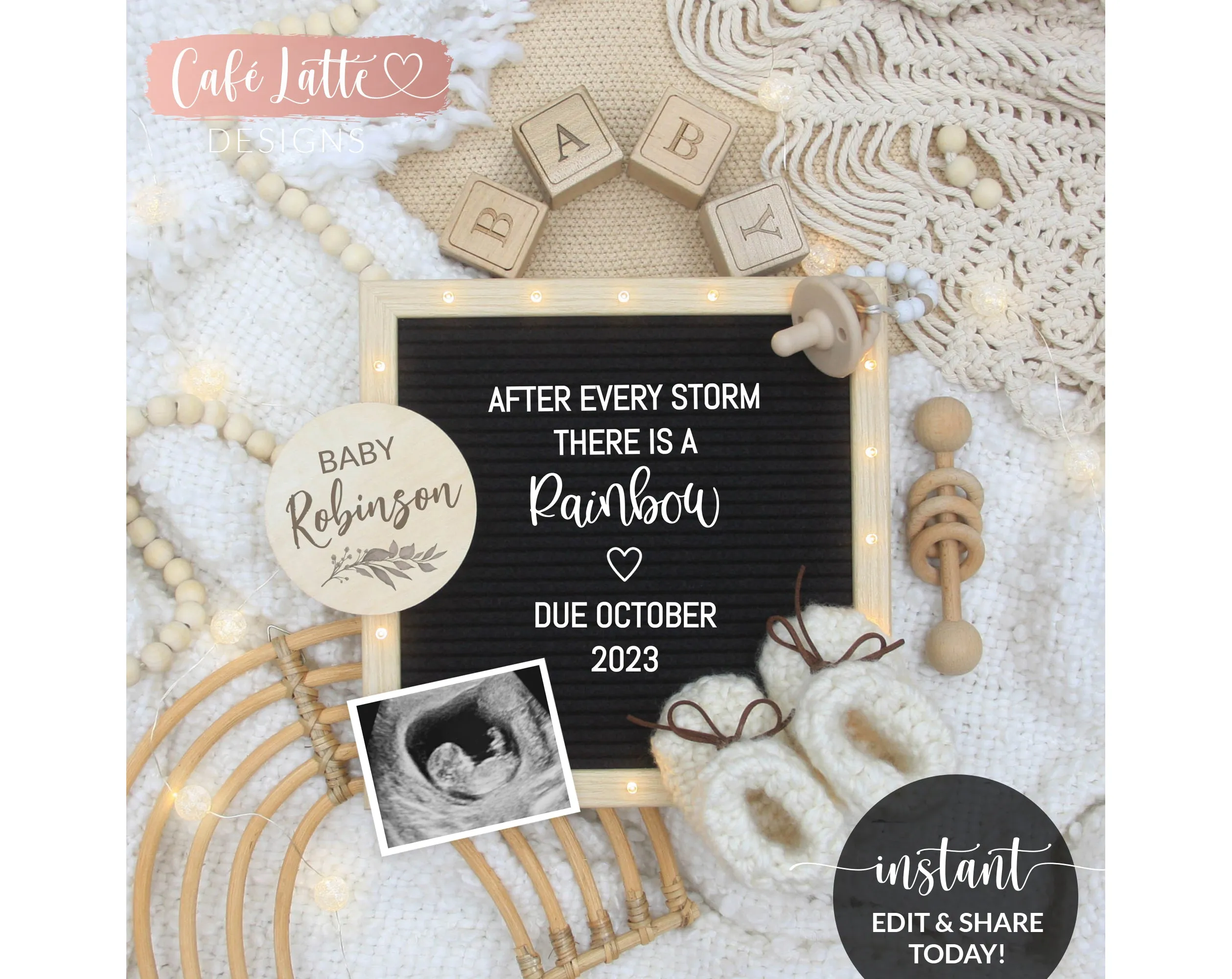 Digital Rainbow Baby Pregnancy Announcement For Social Media, Boho Rainbow Gender Neutral Letter Board Editable Baby Reveal Template DIY