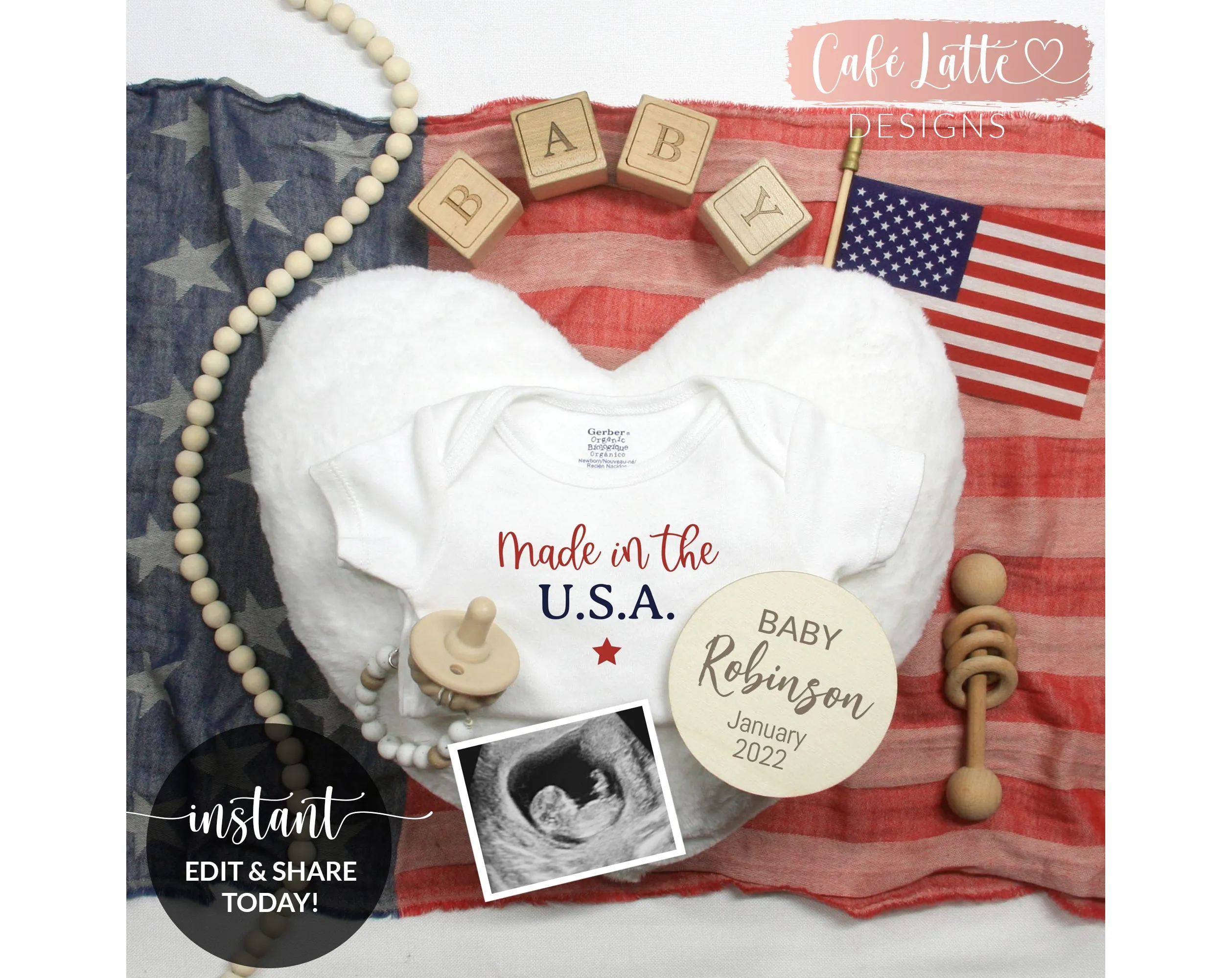 Editable Pregnancy Announcement Social Media, Made in the USA Digital Baby Announcement, Fourth of July Independence Day Baby, Printable DIY