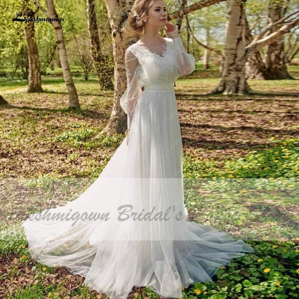 Elegant Bridal Robe Longue Puffy Long Sleeve Wedding Dress