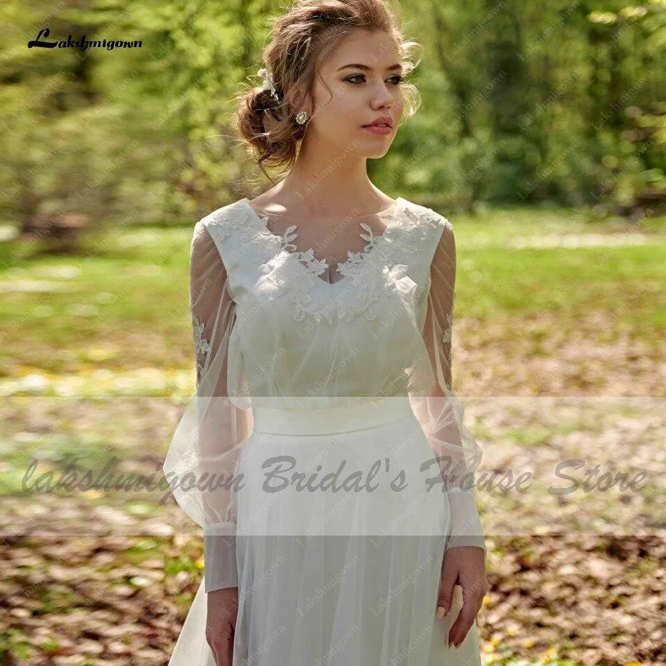 Elegant Bridal Robe Longue Puffy Long Sleeve Wedding Dress