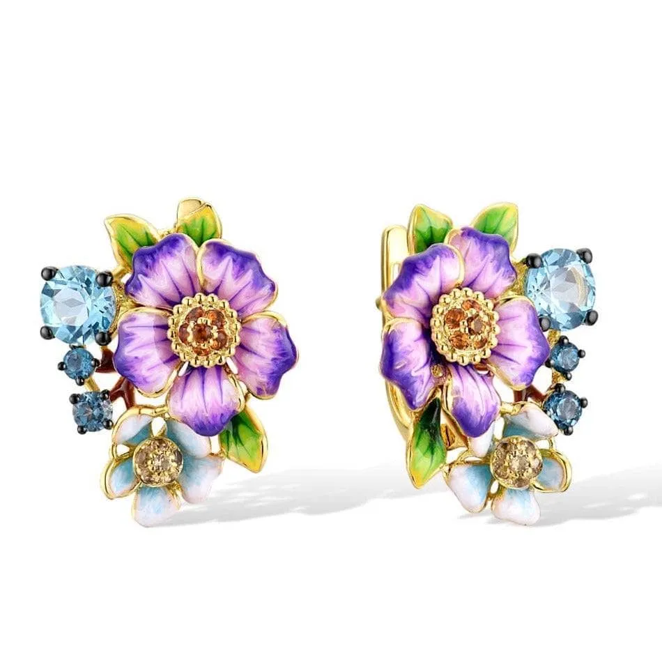 Elegant Purple Enamel Flower with Created Diamond Jewelry Set