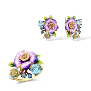 Elegant Purple Enamel Flower with Created Diamond Jewelry Set