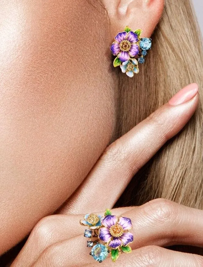 Elegant Purple Enamel Flower with Created Diamond Jewelry Set