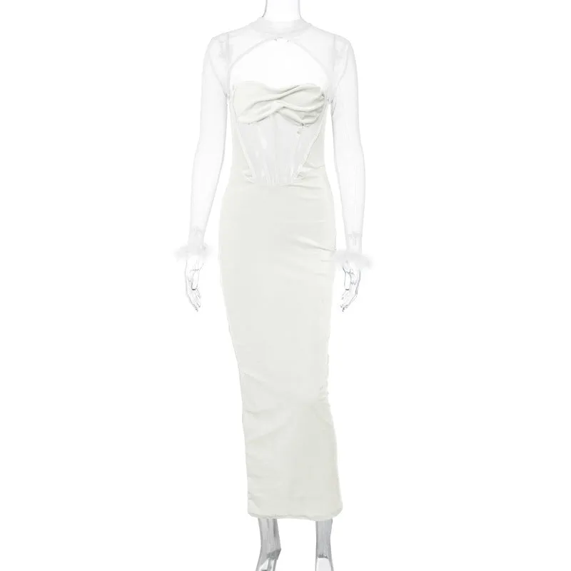 Europe and America2023Fall Women's Clothing New Plush Mesh Stitching Sexy Night Club Style Hollow-out Long Dress Slim Dress