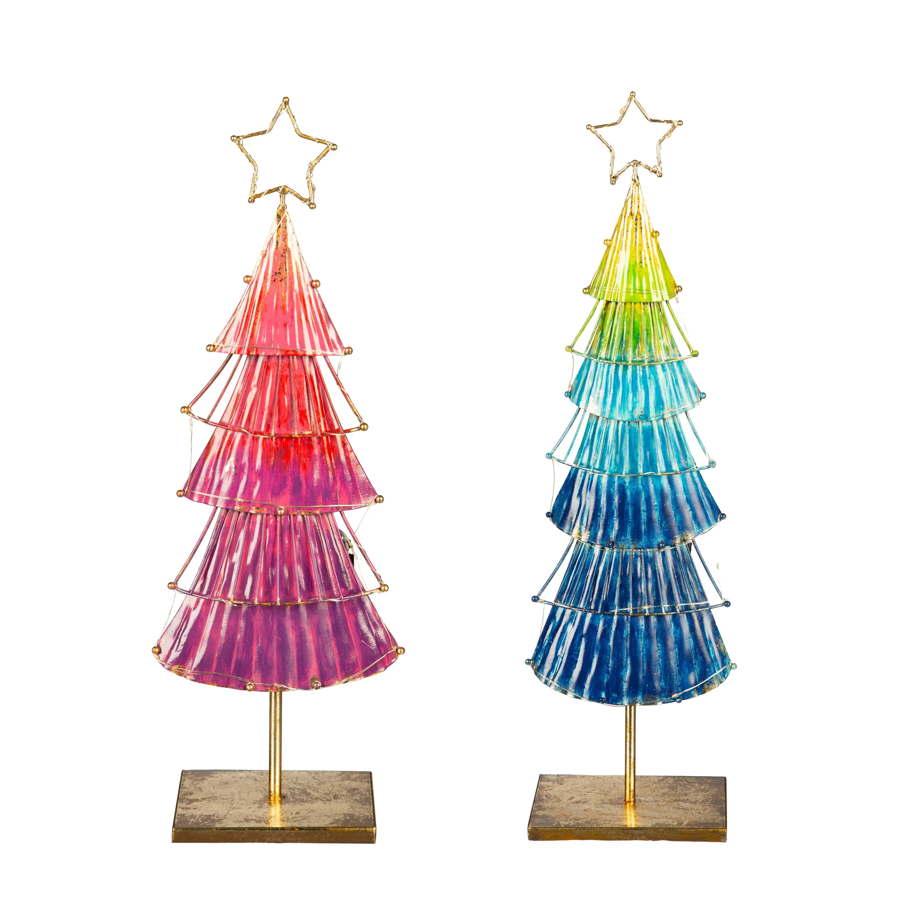 Evergreen Statuary,22&18" H LED Metal Colorful Christmas Tree Statue, Set of 2,6.5x4x22.25 Inches
