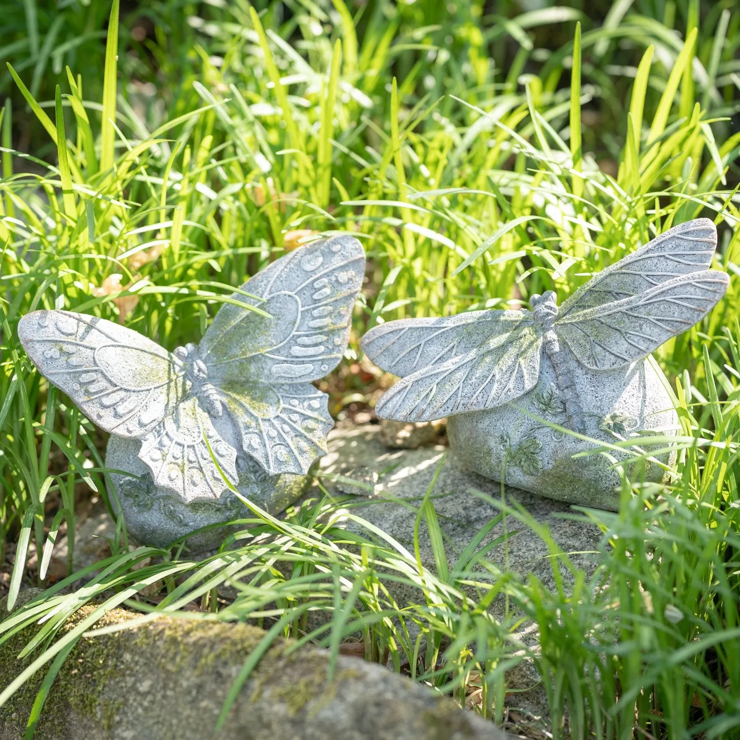 Evergreen Statuary,Faux Moss Butterfly & Dragonfly, Set of 2,4.38x8x6.5 Inches