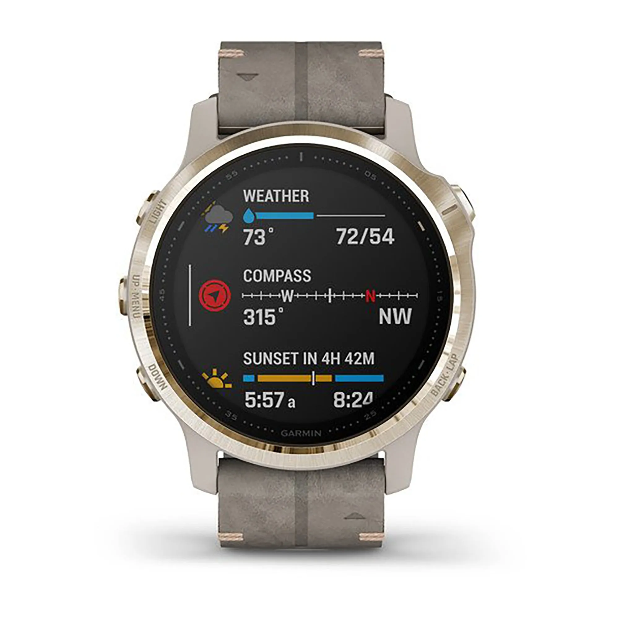 Garmin Fenix 6S Leather Gray Strap Full Color Display Dial Watch - 010-02159-40