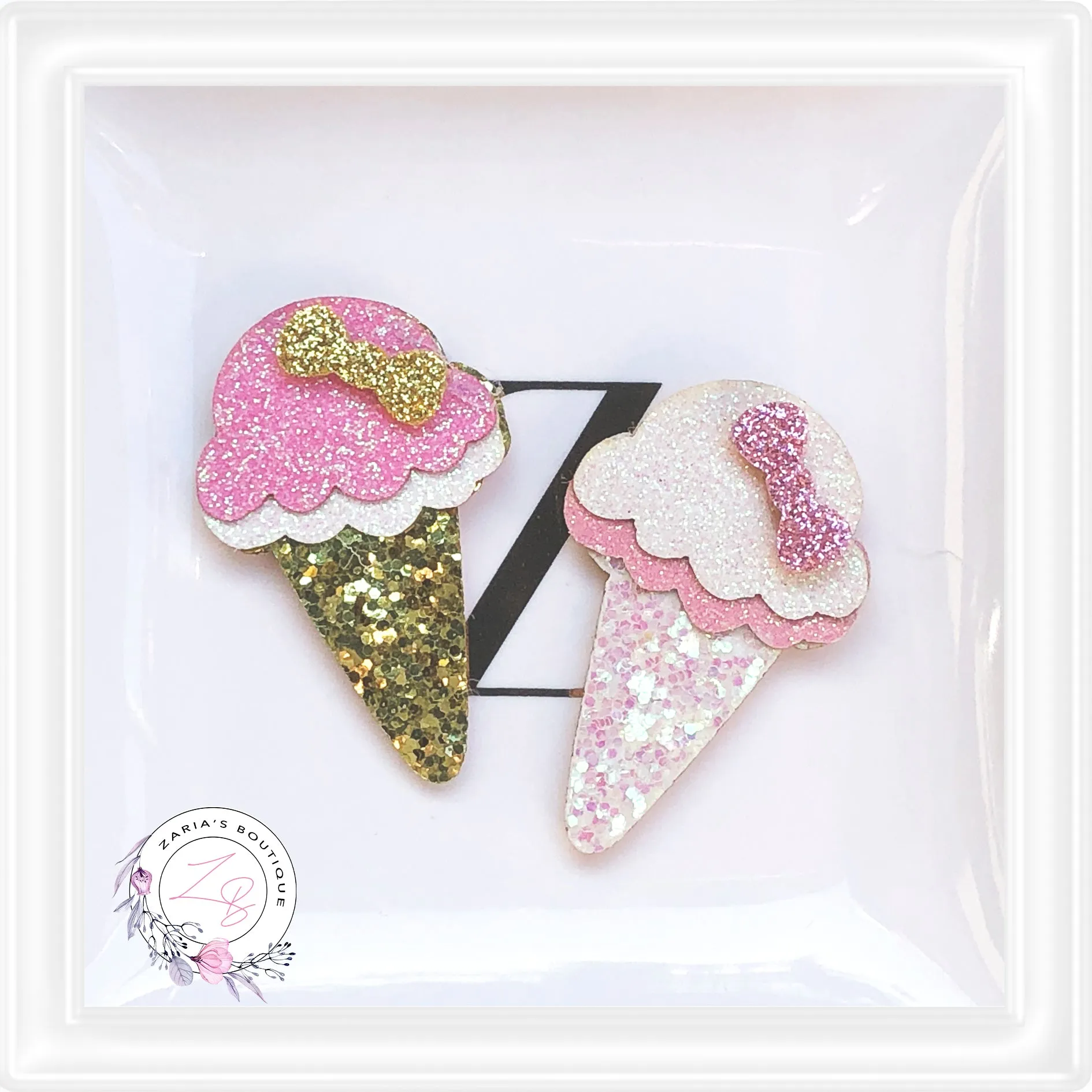 • Glitter Ice Cream Cones • Bow & Hair Clip Embellishments • 2 Flavours • Per Pair •