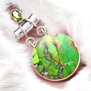 Green Mojave Turquoise & Peridot Solid 925 Sterling Silver Pendant