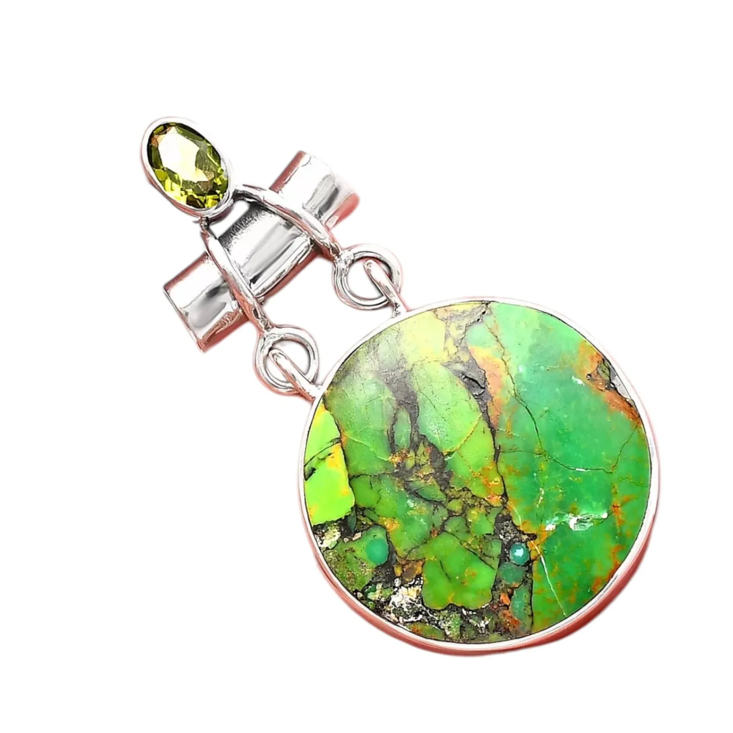 Green Mojave Turquoise & Peridot Solid 925 Sterling Silver Pendant