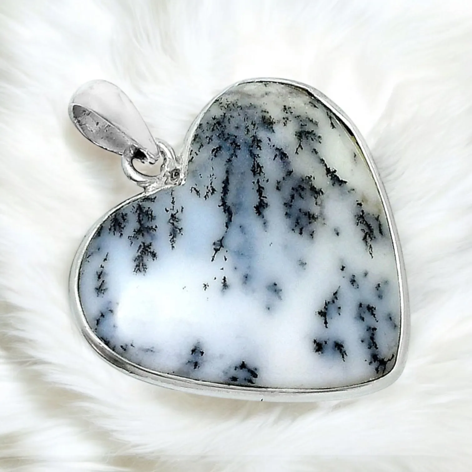 HEART Dendritic Opal Solid 925 Sterling Silver Pendant