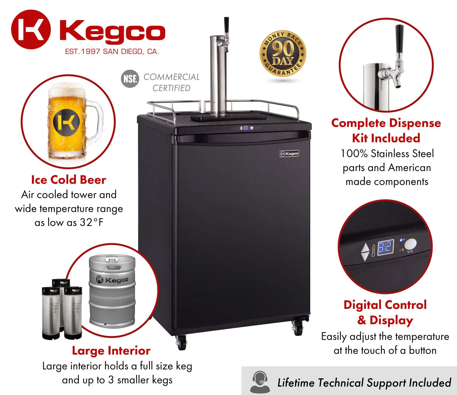 Kegco Full Size Spacious Black Kegerator with Freestanding Cabinet Z163B-1NK