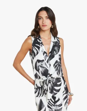 L'agence Amos Tie Front Blouse in Black & White Palm Leaves