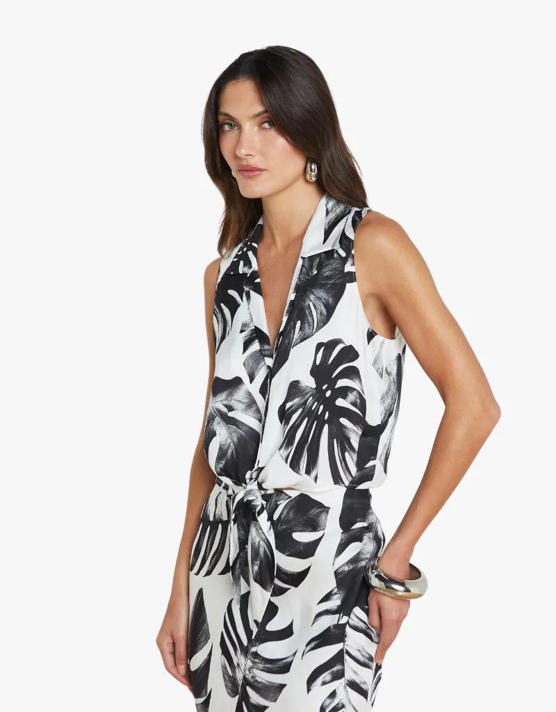 L'agence Amos Tie Front Blouse in Black & White Palm Leaves