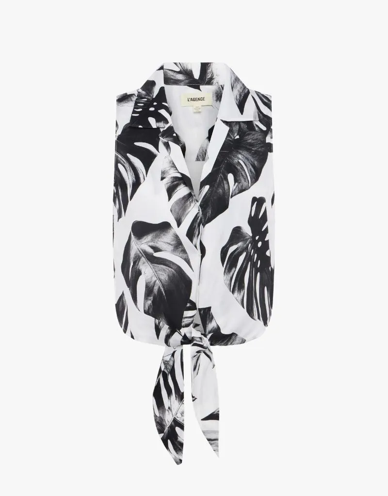 L'agence Amos Tie Front Blouse in Black & White Palm Leaves