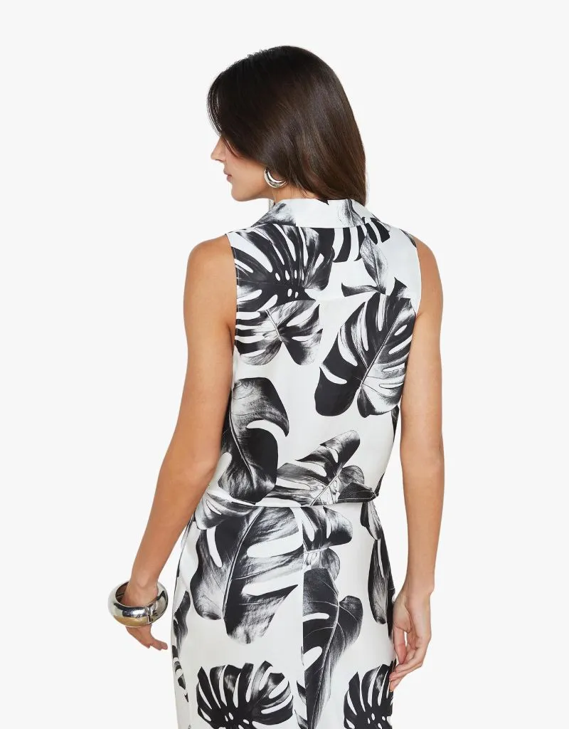L'agence Amos Tie Front Blouse in Black & White Palm Leaves