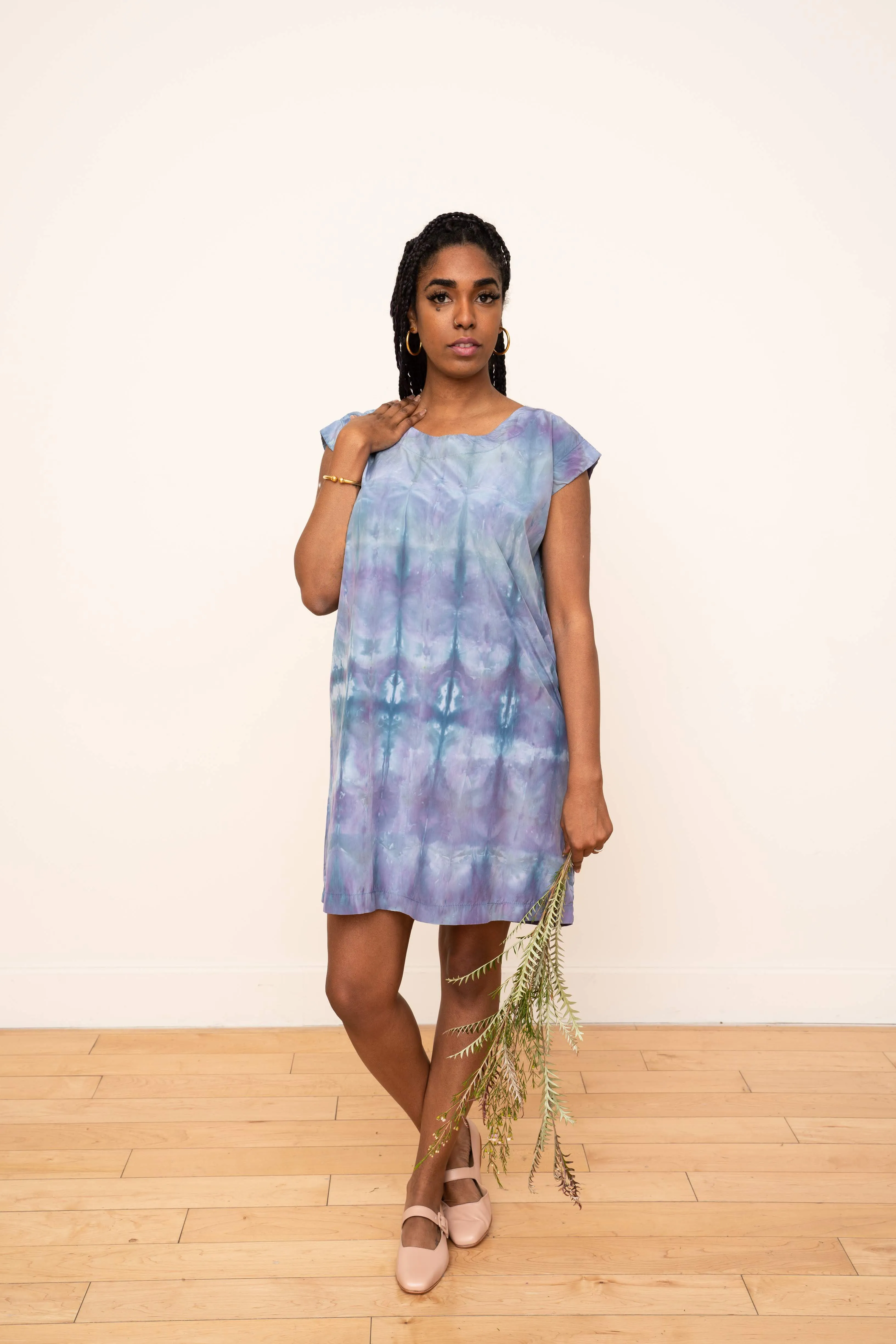 Laguna Silk Shift Dress in Ikat Design (Cool)