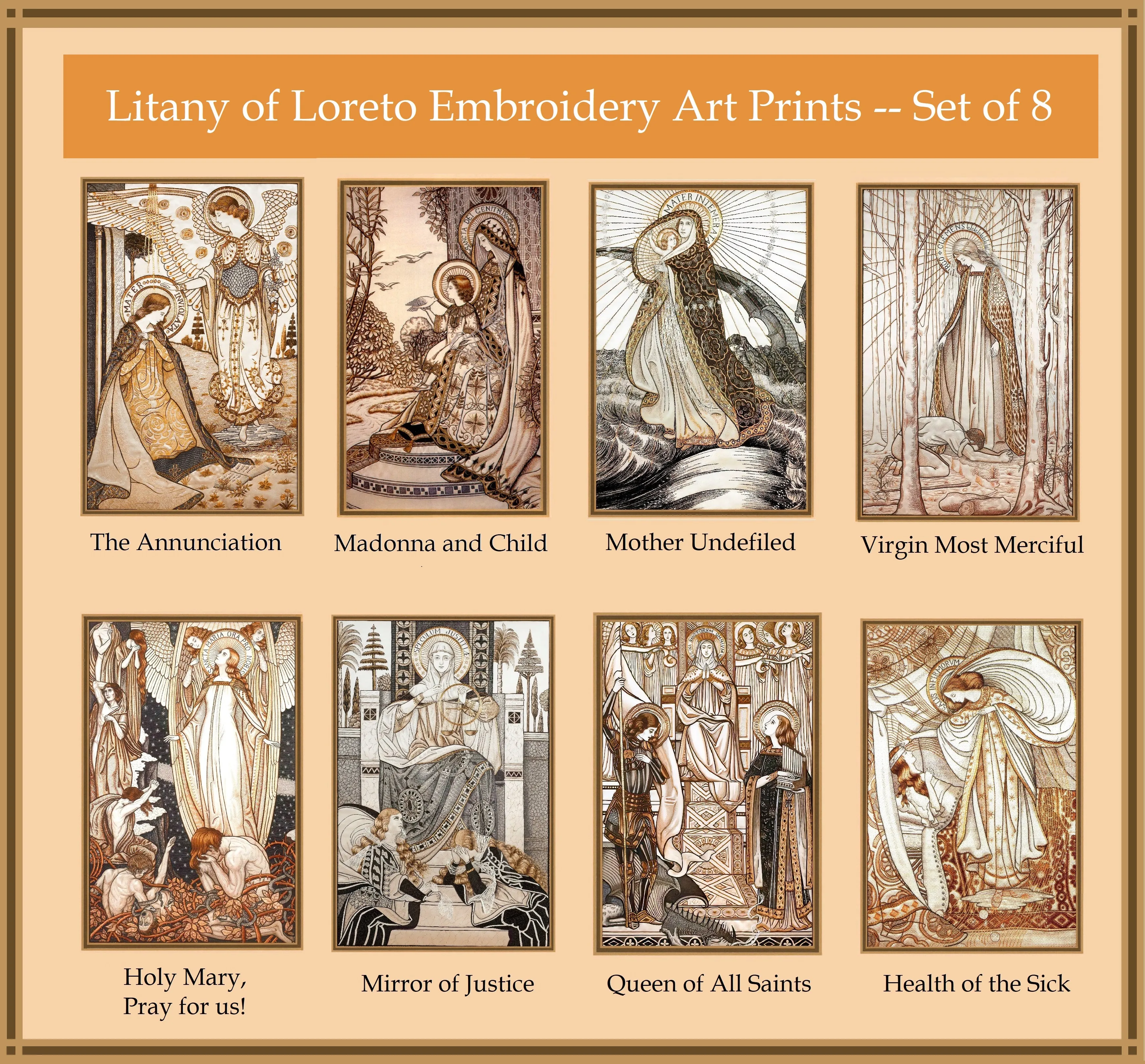 Loreto Embroideries – Print Collection – Set of 8 – 8.5x11" Vintage Catholic Art Prints – Archival Quality