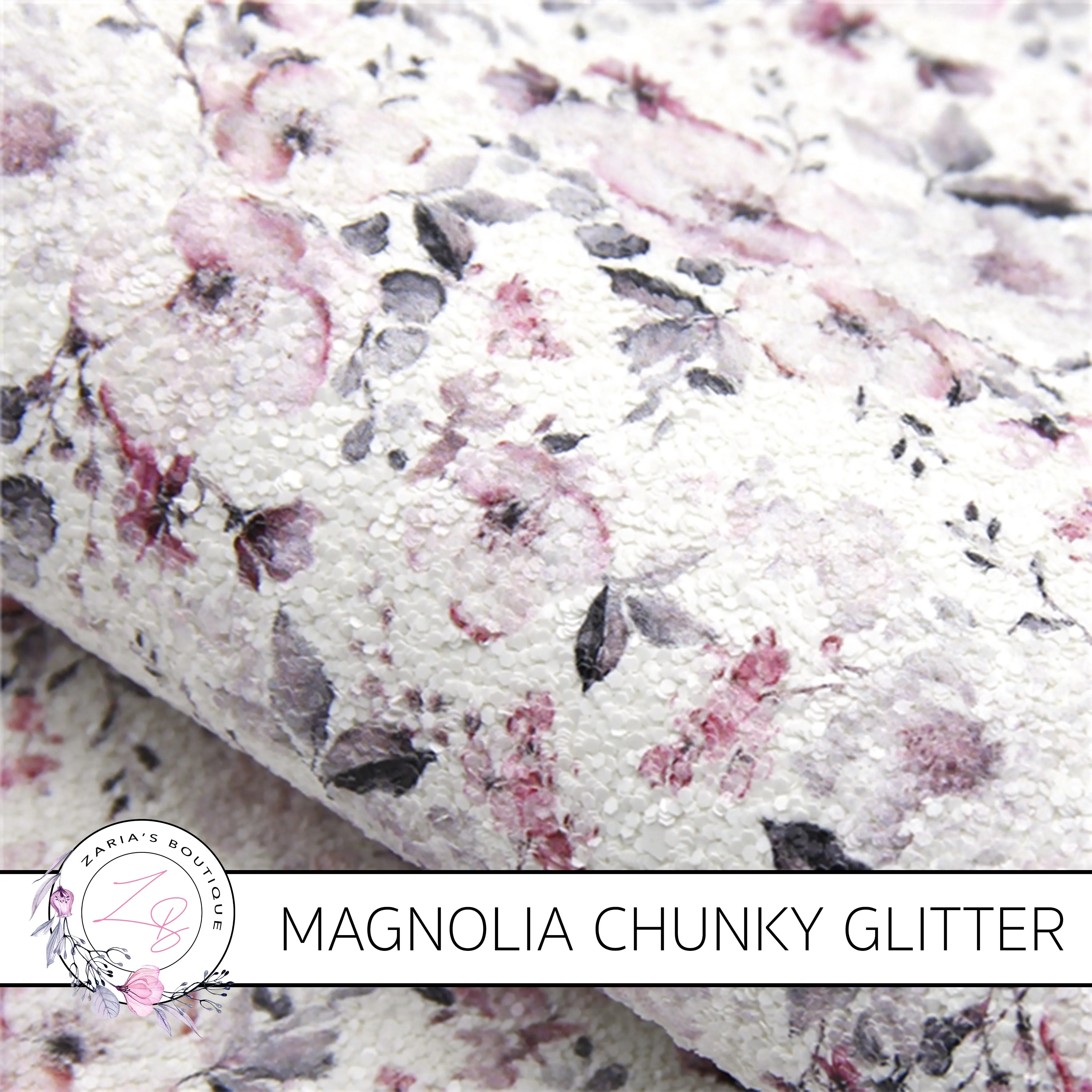 Magnolia Chunky Glitter Floral  ~ Pink Grey White  ~ 1.15mm