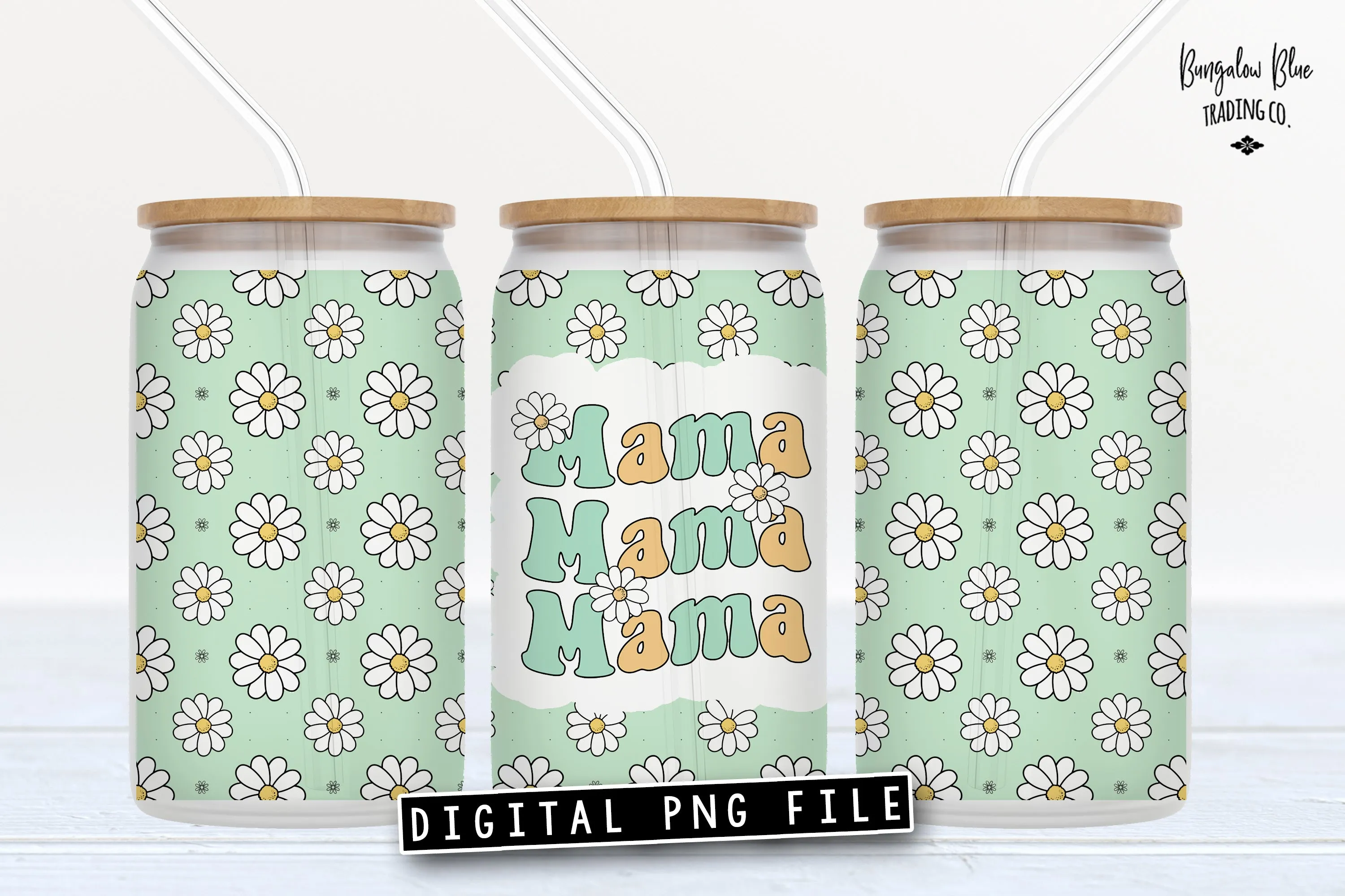 Mama Retro Daisy Glass Can Tumbler Wrap Digital Download
