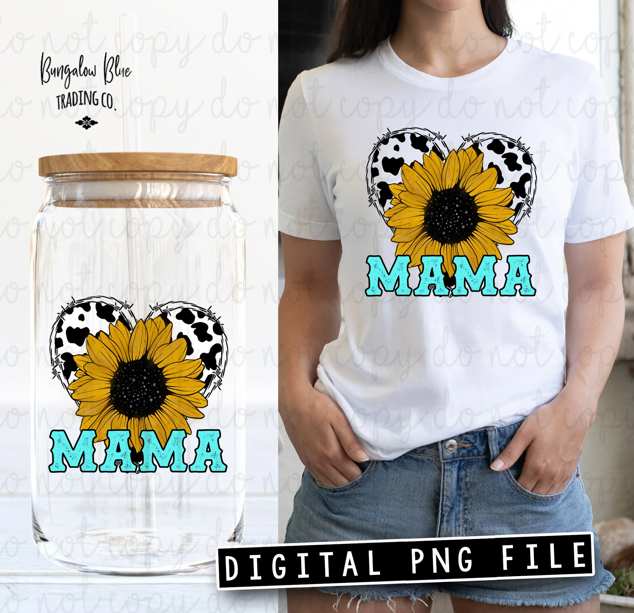 Mama Sunflower Cow Heart  Glass Can Tumbler Wrap Digital Download