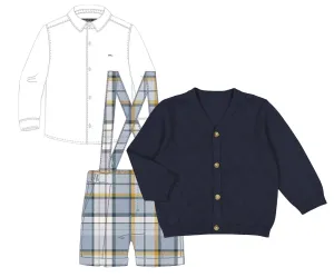 Mayoral 2251 Long Sleeve Shirt, Blue Plaid Shorts with Braces and 2318 Cardigan In Stock Now