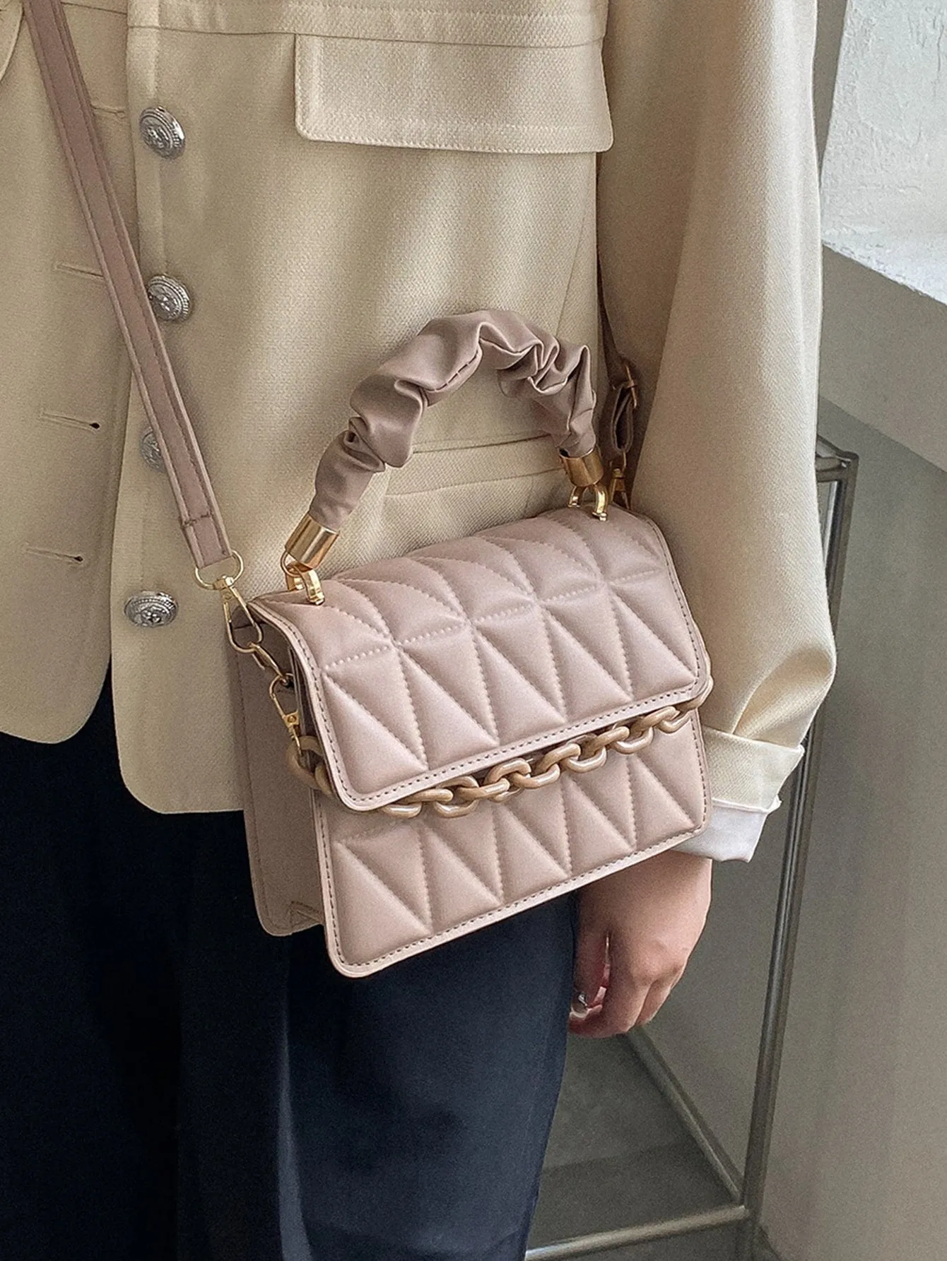 Mini Chain Decor Ruched Top Handle Quilted Flap Square Bag - Khaki