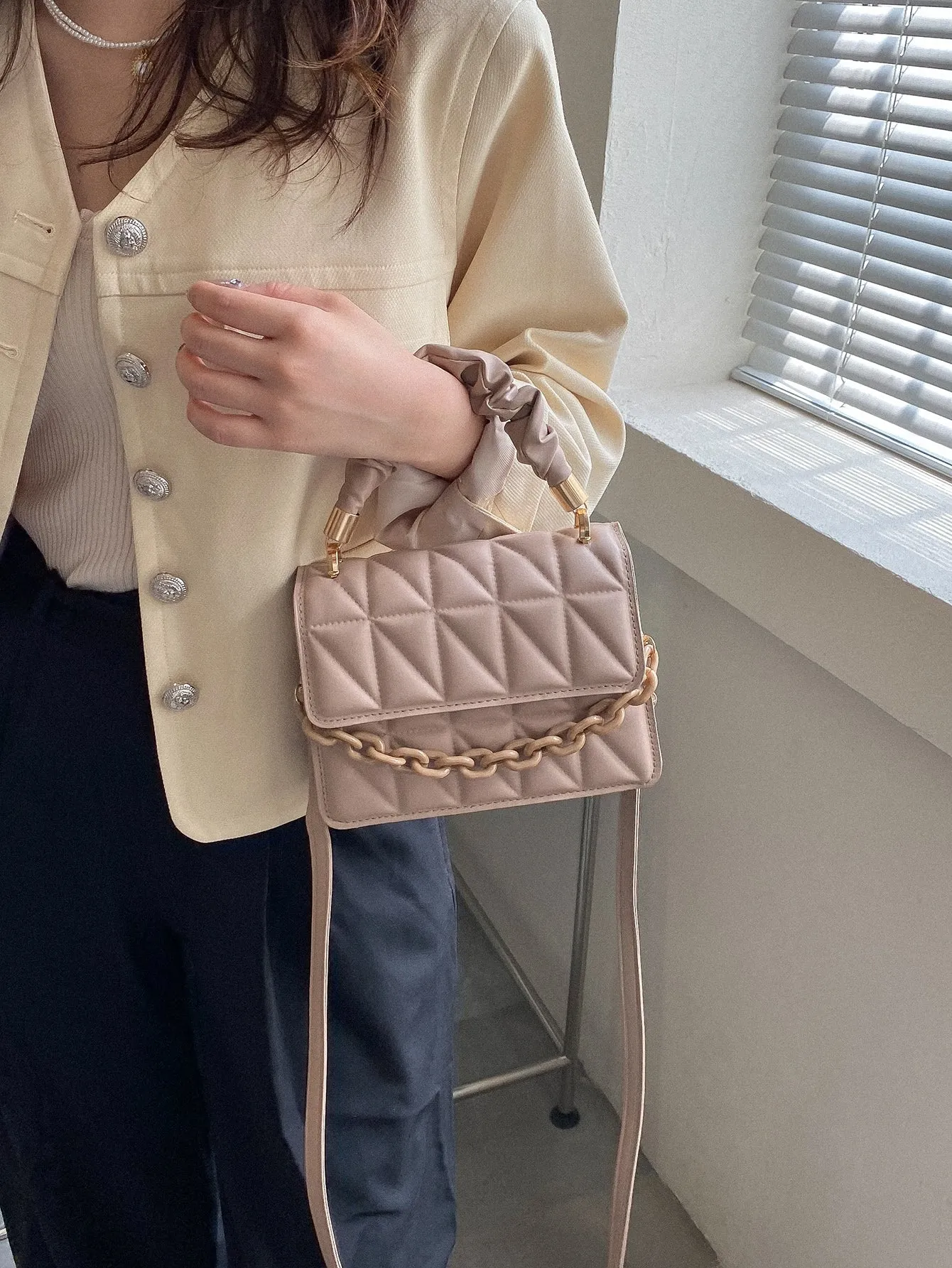 Mini Chain Decor Ruched Top Handle Quilted Flap Square Bag - Khaki