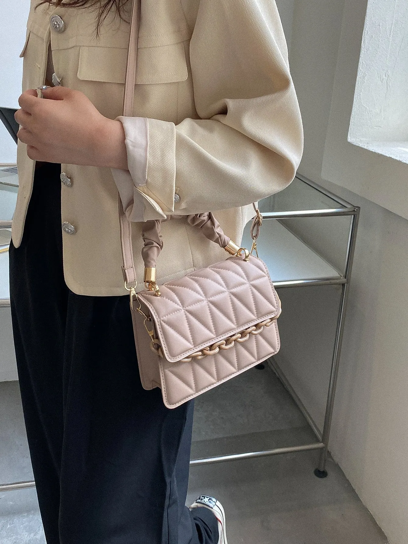 Mini Chain Decor Ruched Top Handle Quilted Flap Square Bag - Khaki